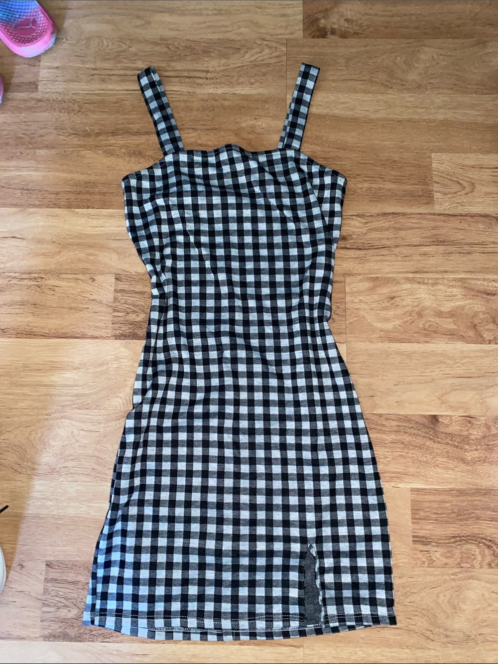 Black and White Gingham Mini Dress with Square Neck